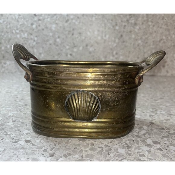 Small Brass Oval Planter Seashell Accent Handles Beautiful Patina 3” Tall Vtg - Picture 1 of 14